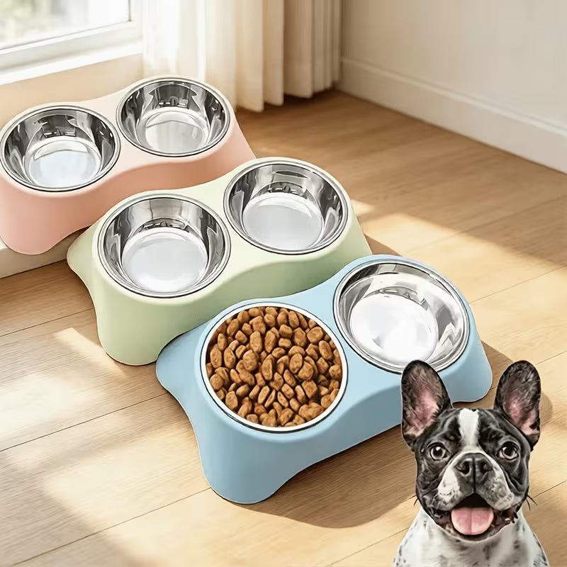 Pink/Green Inclined Plane Design Not Easy to Flip Stainless Steel Double Pet Bowls, Double Bowls Water And Food Bowl - Large Capacity, Non-Slip Feeding Dish Set
