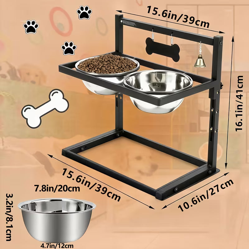 Adjustable Elevated Dog Bowl Stand, Raised Bowl Holder for Medium and Small Dogs, Metal Dog Bowl with Two Stainless Steel Food Bowls
