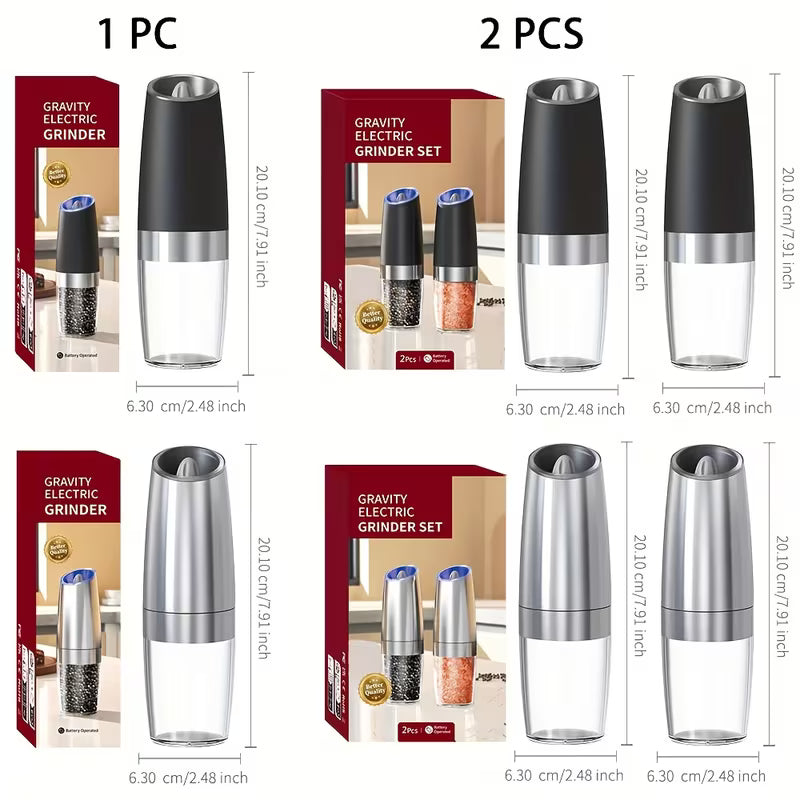 1pc/2pcss Electric Salt And Pepper Grinder, Automatic Pepper Mill, Salt And Pepper Grinder Electric 2pcs, Tilted Automatic Grind With LED Light, Battery Powered, Adjustable Coarseness, Easy To Clean, One-Hand Operation, Kitchen Essential, Gift Idea