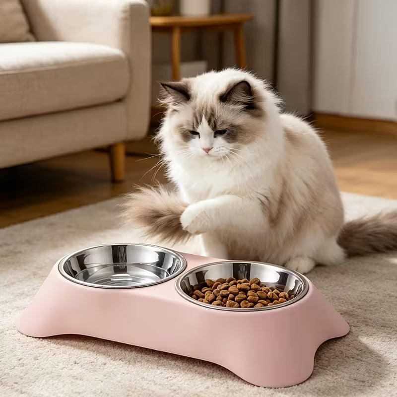 Pink/Green Inclined Plane Design Not Easy to Flip Stainless Steel Double Pet Bowls, Double Bowls Water And Food Bowl - Large Capacity, Non-Slip Feeding Dish Set