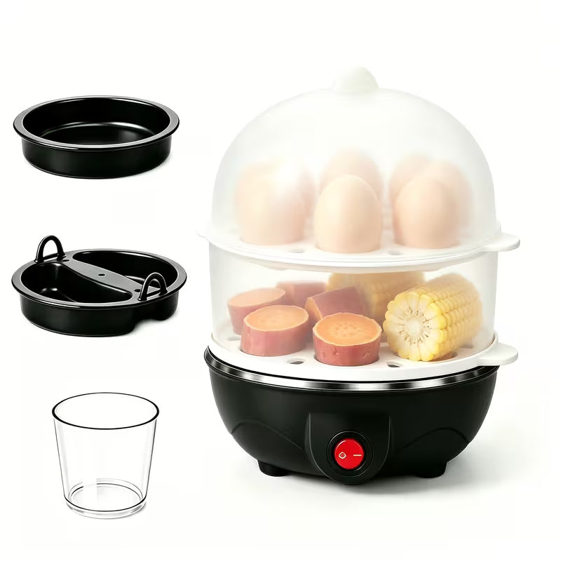 1-Layer/2-Layer Electric Egg Cooker, Rapid Egg Boiler with Auto Shut-Off, Multi-Functional Egg Poacher for Soft Medium Hard Boiled Eggs, Mini Food Steamer for Corn, Potatoes, Vegetables, Easy to Operate