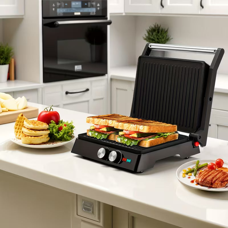 3-in-1 Electric Indoor Grill - Panini Press with Non-Stick Cooking Plates, Opens 180-Degree Gourmet Sandwich Maker, Floating Hinge Fits All Foods, Panini Press Grill with Grease Tray