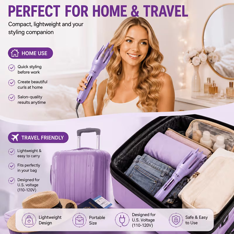 Automatic Curling Iron With 4 Temperature Settings, Birthday Gift For Women, Rotating Curling Iron Care Gift, Suitable For Mom, Purple And Pink, Christmas Gift, Comes With A Hair Clip Comb (color Random), Easy For Beginners, LEFINEE