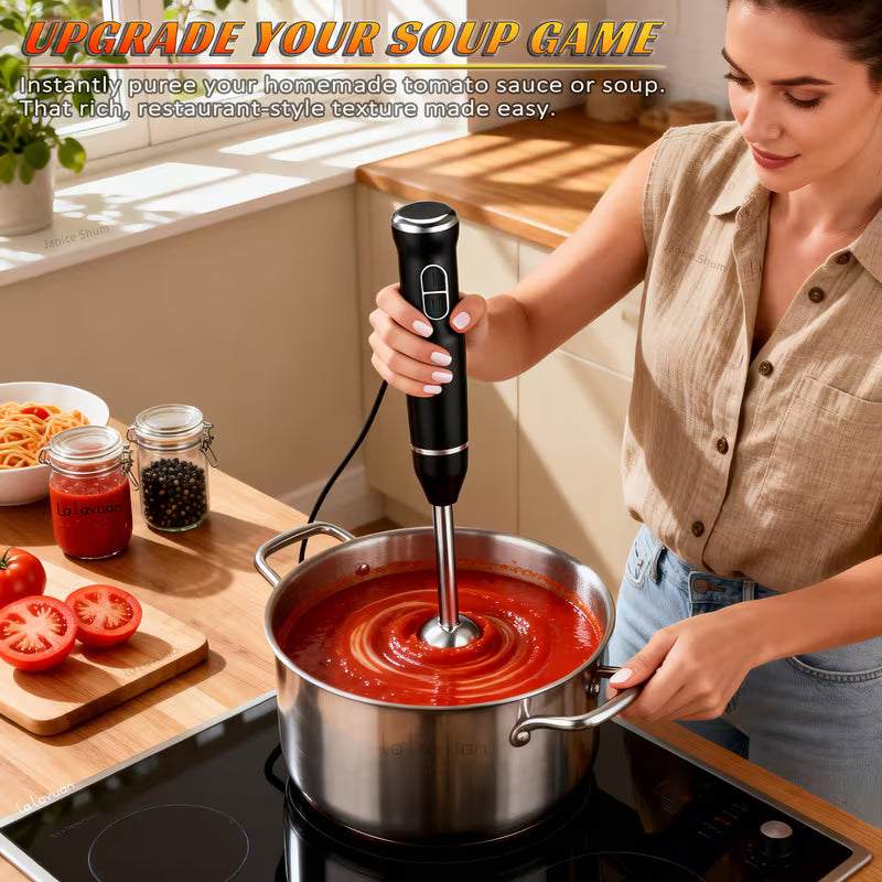 Lalayuan Electric Immersion Blender, Power Handheld Blender, 400W Portable Stick Mixer with 2 Mixing Speeds&Turbo Mode, 304 Stainless Steel Blades, Easy to Grip Speed Corded Hand Mixer, Perfect for Soup Smoothie Puree Food Fruit, with Detachable Base