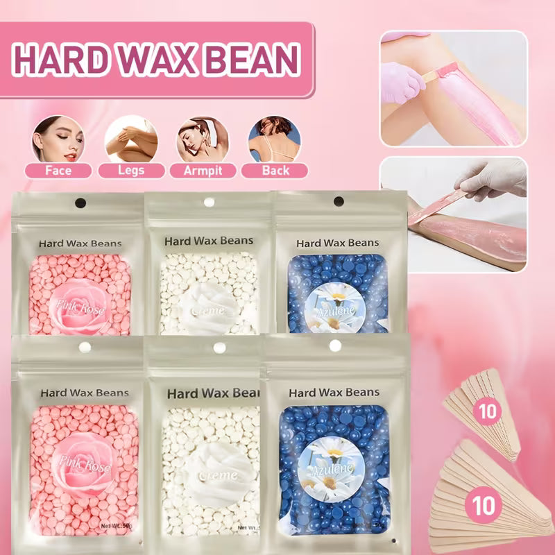 Wax Kit Hard Wax for Hair Removal 6 Packs Wax Beads Waxing Kit for Women Hot Wax Warmer Pot for Face, Eyebrow, Body, Bikini with 20pcs Wood Sticks And 10pcs Nose Wax Sticks