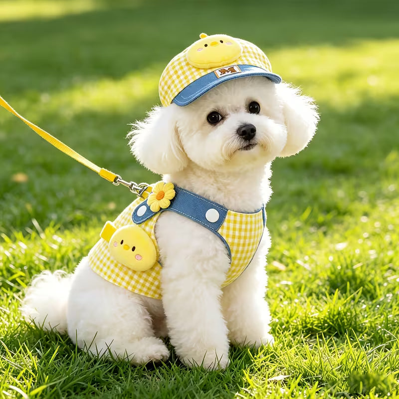 3-in-1 Dog Leash & Visor Harness System with Anti-Pull Chest Strap - Soft Adjustable Harness Suitable for Bichon, Yorkshire Terrier, Chihuahua, Machine Washable Yellow Plaid Leash for Small to Medium Dogs, Outdoor Walking Gear