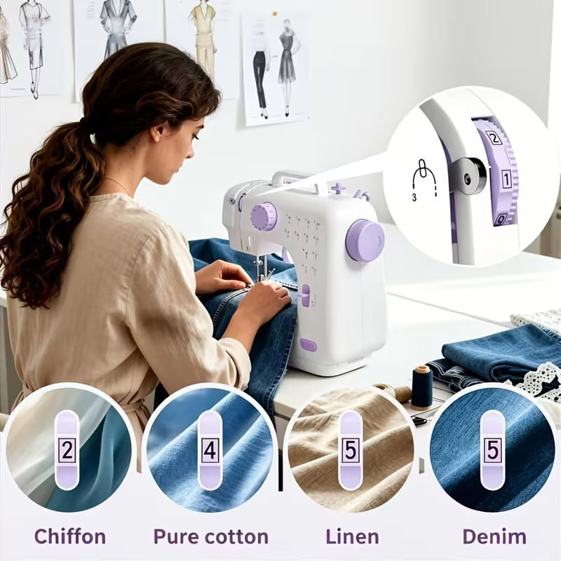 Portable Sewing Machine for Beginners 12 Stitches LED Light Double Speed Foot Pedal Mini Electric Sewing Machine with 12 Colors Thread Set Household DIY Handheld Sewing Too