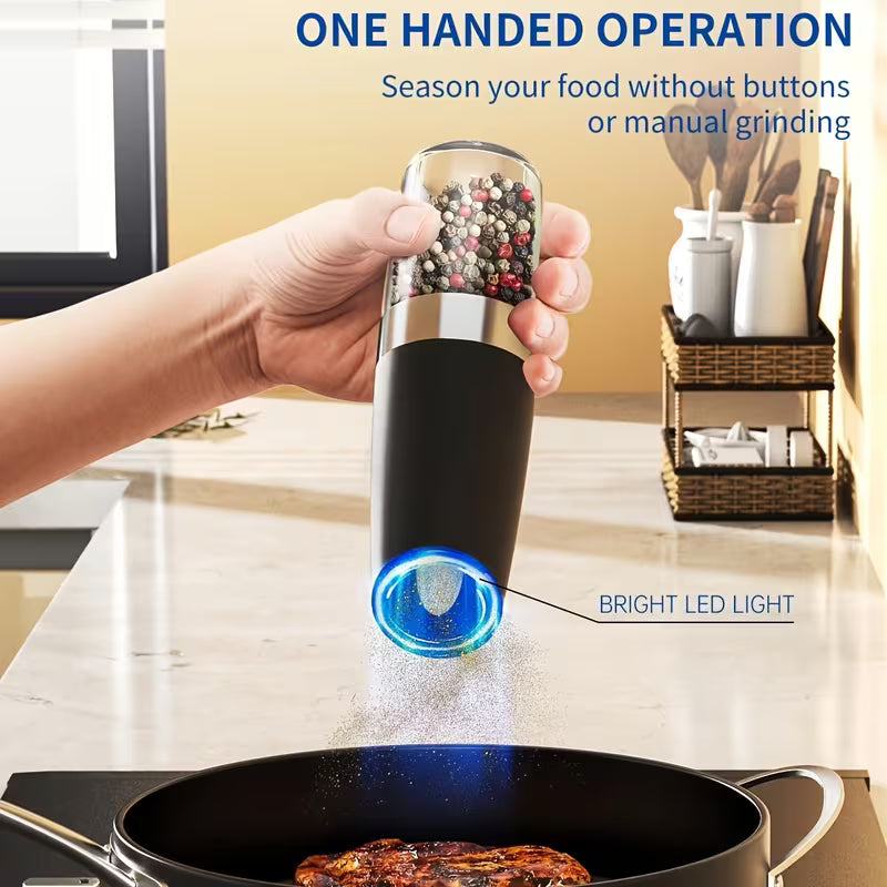 1pc/2pcss Electric Salt And Pepper Grinder, Automatic Pepper Mill, Salt And Pepper Grinder Electric 2pcs, Tilted Automatic Grind With LED Light, Battery Powered, Adjustable Coarseness, Easy To Clean, One-Hand Operation, Kitchen Essential, Gift Idea