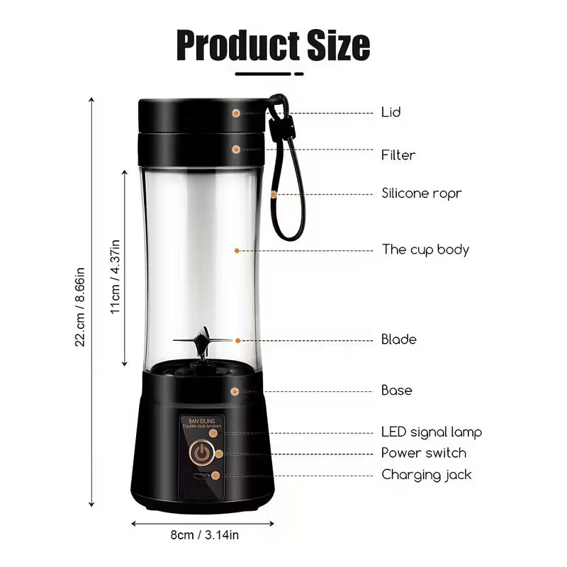 12.85 Oz Rechargeable Portable Blender Cup, Electric USB Juicer Blender, Mini Blender Portable Blender for Shakes And Smoothies, Juice, 380Ml, Six Blades Great for Mixing, Easy Clean, Ideal for Travel, Office, Picnic - Fresh Juices Anywhere
