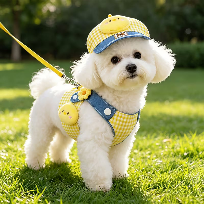 3-in-1 Dog Leash & Visor Harness System with Anti-Pull Chest Strap - Soft Adjustable Harness Suitable for Bichon, Yorkshire Terrier, Chihuahua, Machine Washable Yellow Plaid Leash for Small to Medium Dogs, Outdoor Walking Gear