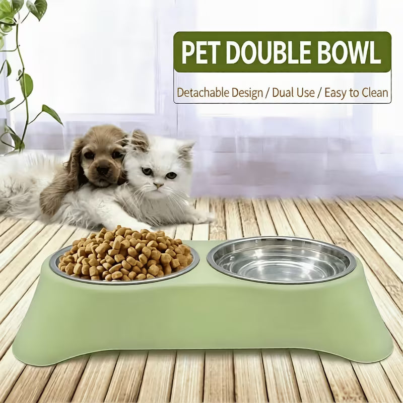 Pink/Green Inclined Plane Design Not Easy to Flip Stainless Steel Double Pet Bowls, Double Bowls Water And Food Bowl - Large Capacity, Non-Slip Feeding Dish Set