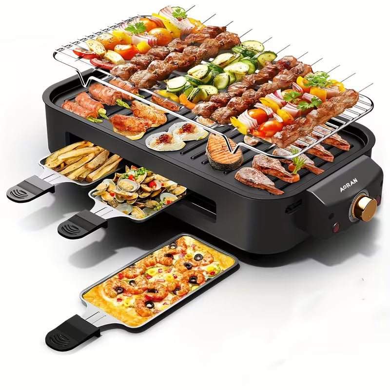 Kitchen Electric Barbecue Grill, Fully Detachable, With Frying Pan And Grille, Three Hand Trays, Non-stick And Easy To Clean, Made Of Stainless Steel, Adjustable Temperature, Power 1500W, Waffle Maker, Gift For Christmas, Housewarming, Birthdays