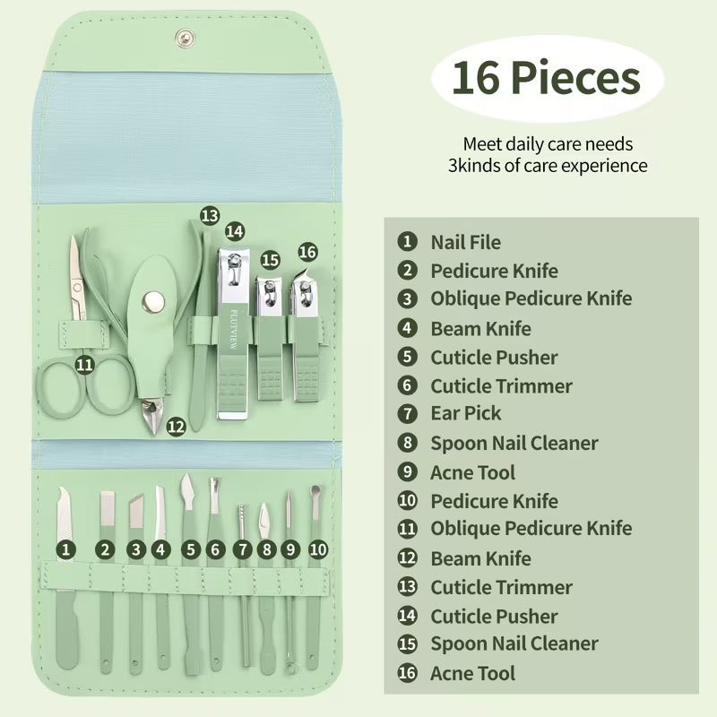 1 Set of 16 Premium Stainless Steel Modern Style of Nail Clippers Suit, Nail Tech Supplies, Straight Blade Nail File, Ear Picks, Scissors, Beauty Care Professional Travel Kit