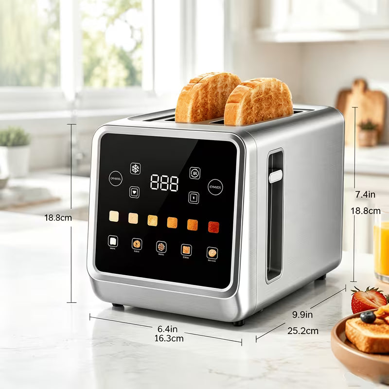 Touch Screen Toaster 2 Slice, Stainless Steel Smart Digital Toasters With Memory Function, 5 Bread Types & 6 Shade Settings, 1.5" Toasters 2 Slice Wide Slot, 900W