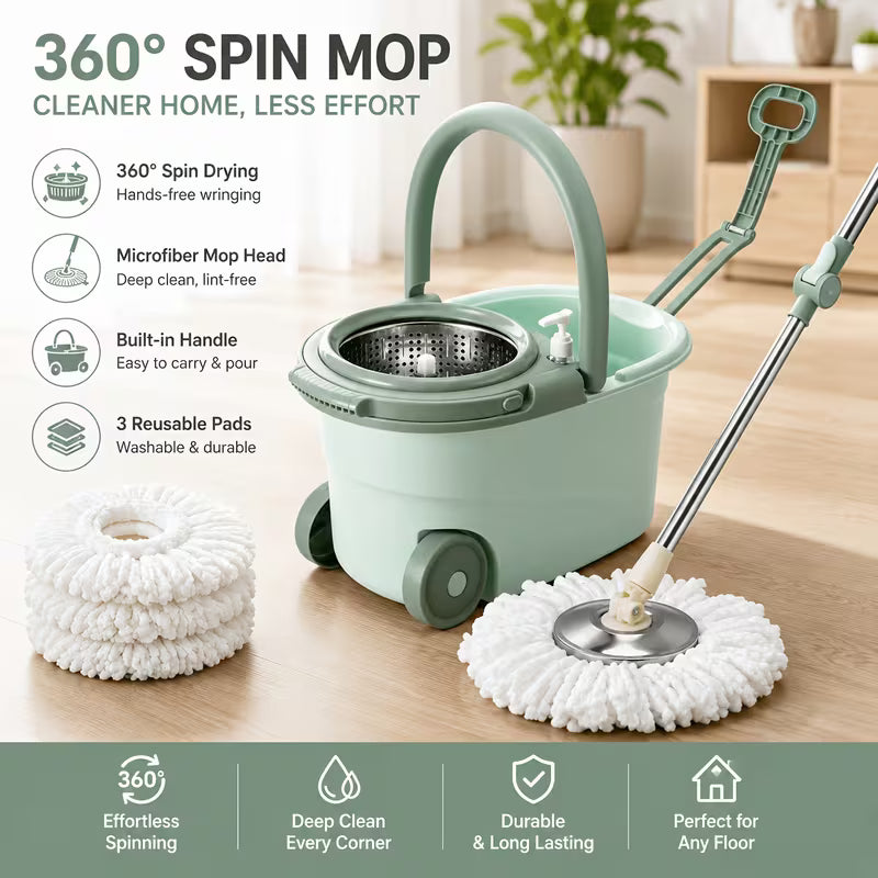 Spin Mop And Bucket Set with Wringer, 360 Degree Rotating Mop Bucket System, Includes 3 Microfiber Mop Refill Heads And a 61-Inch Adjustable Stainless Steel Handle, Wet Dry Floor Cleaning System for Home Kitchen Hardwood Tile Floors
