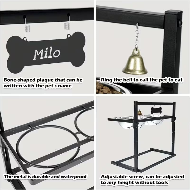 Adjustable Elevated Dog Bowl Stand, Raised Bowl Holder for Medium and Small Dogs, Metal Dog Bowl with Two Stainless Steel Food Bowls