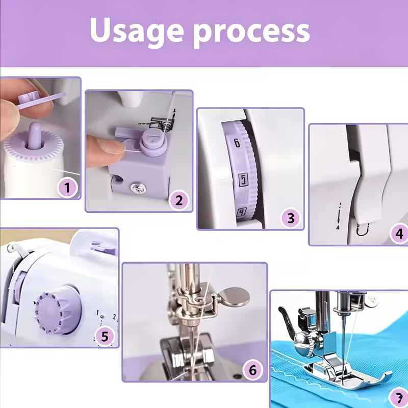 Portable Sewing Machine for Beginners 12 Stitches LED Light Double Speed Foot Pedal Mini Electric Sewing Machine with 12 Colors Thread Set Household DIY Handheld Sewing Too