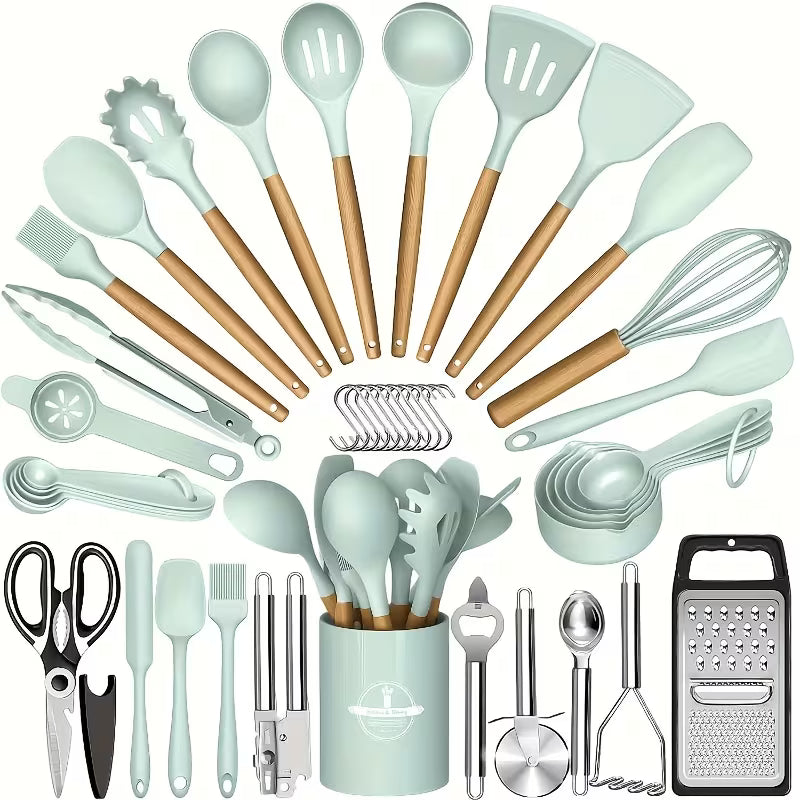 37/44pcs Complete Silicone Kitchen Cooking Utensil Set, Ultra Cost-Effective All-In-One Kitchen Gadgets, High Heat Resistant Non-Stick Cookware Tools, Dishwasher Safe, Ideal for Cooking Beginners And Kitchen Enthusiasts, Perfect Holiday Gift