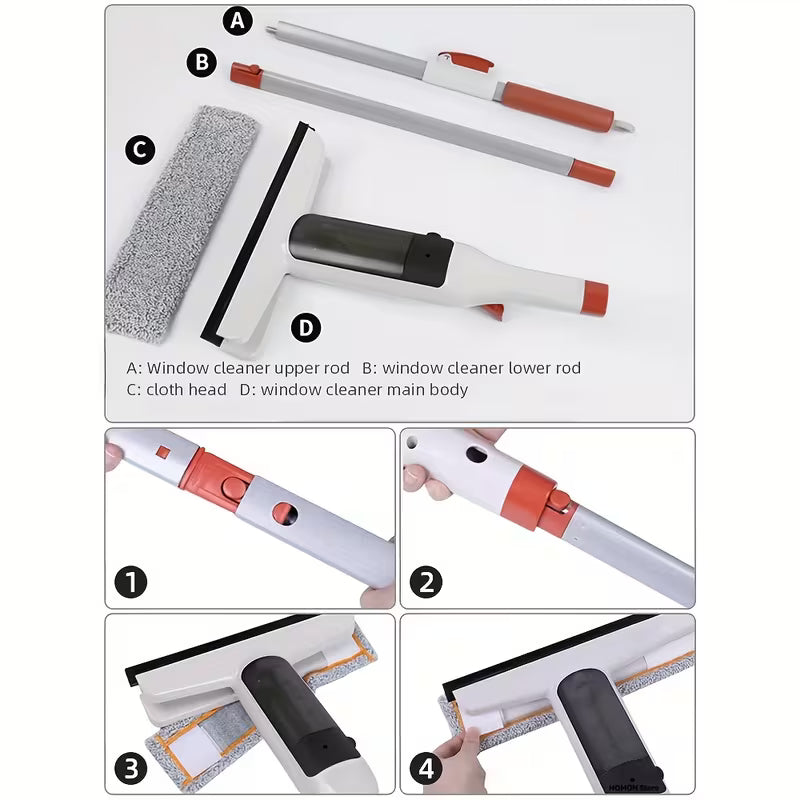 [3-in-1 Glass Cleaning] 3-in-1 Glass Cleaning Kit - Durable Metal Pole, Scraper Included - Ideal for High Windows, Shower Doors & Car Windshields - Essential Home Cleaning Tool