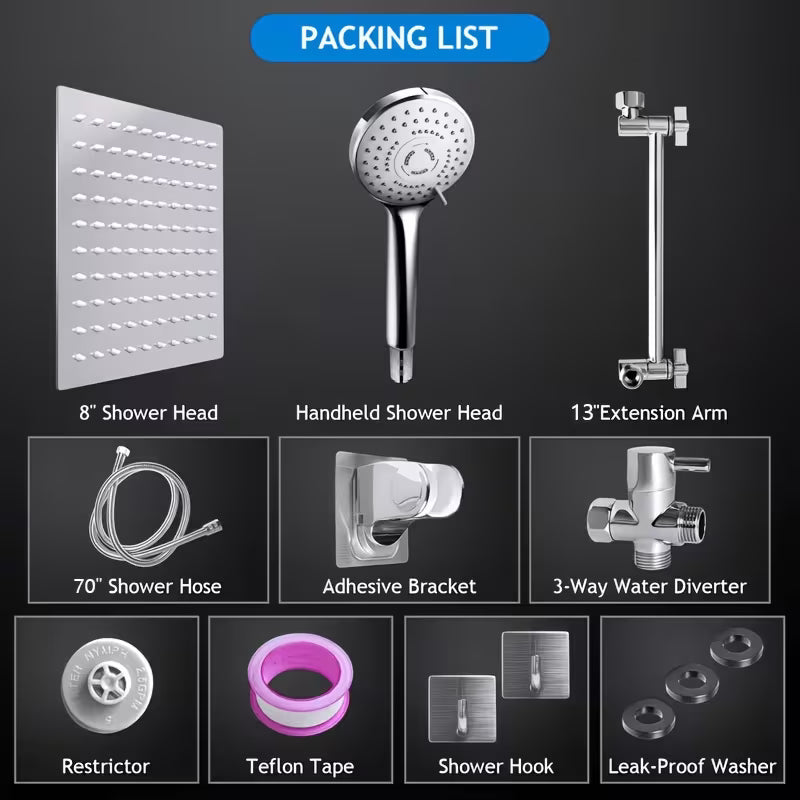 Shower Head, High Pressure Rainfall/Handheld Shower Combo With Extension Arm, 9 Settings, Anti-Leak Shower Head With Holder, Height/Angle Adjustable, Chrome, Matte Black