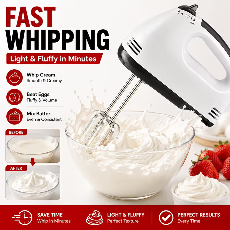 Handheld Electric Mixer 5-Speed, Whisk And Dough Hooks Included, Lightweight Kitchen Mixer for Whipping Cream, Beating Eggs, Mixing Batter, Kneading Dough