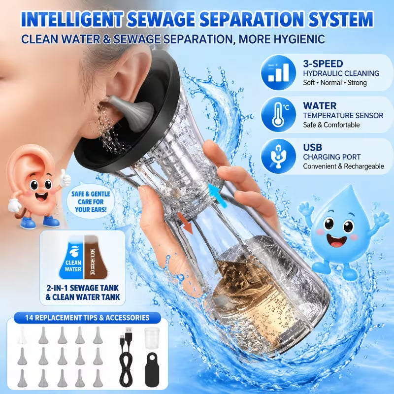 Ear Cleaner for Removing Earwax, Integrated Dry Dirt Storage, Replaceable Nozzle, Comes with 14 Replacement Heads, USB Charging, LED Code Screen, Visual Sewage Recovery Window, for Removing Earwax