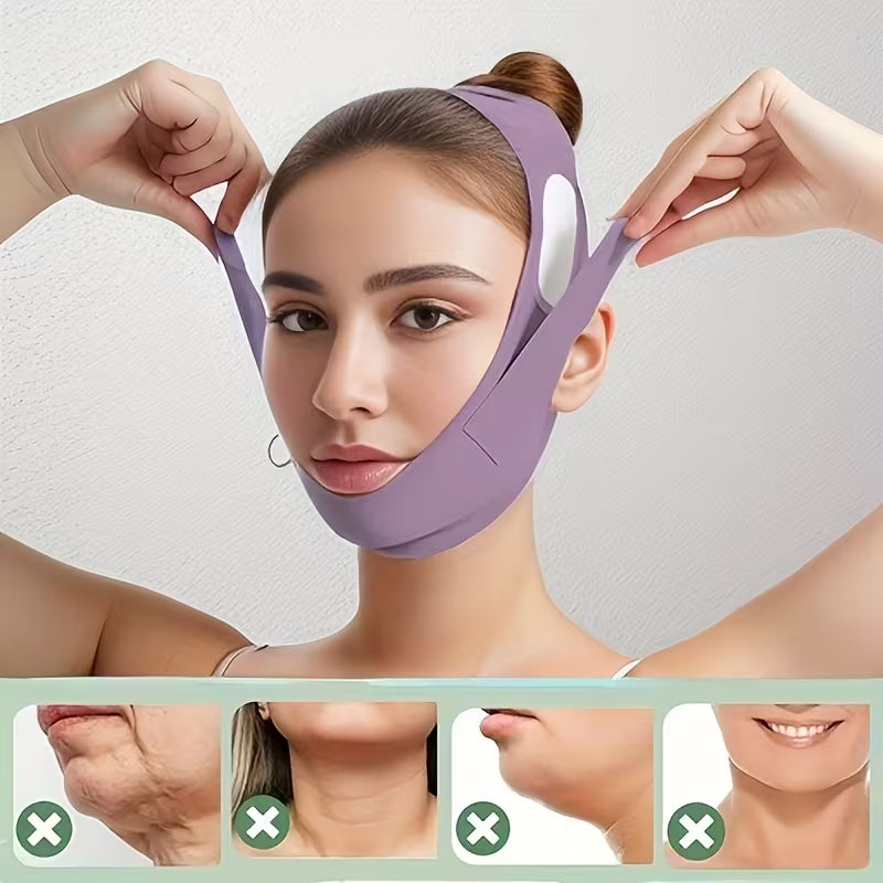 Reusable V-Line Facial Lifting Mask - Breathable Double Chin Reducer & Lower Jawline Tightener, Lavender Light Beige Tight Bandage, Refreshing Unscented Skincare Massager, Contoured Design with Secure Strap