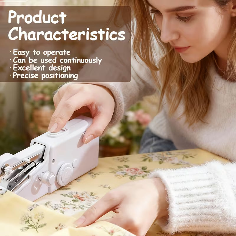 Compact Handheld Sewing Machine Kit - Portable Sewing Machine, Fast Sewing, Portable Quick Sewing Tool for Fabrics, Garments, Etc. - Battery Powered (Includes Needle, Needle Threader, Thread Spool Pin, Fabric Sample, Two Bobbins)