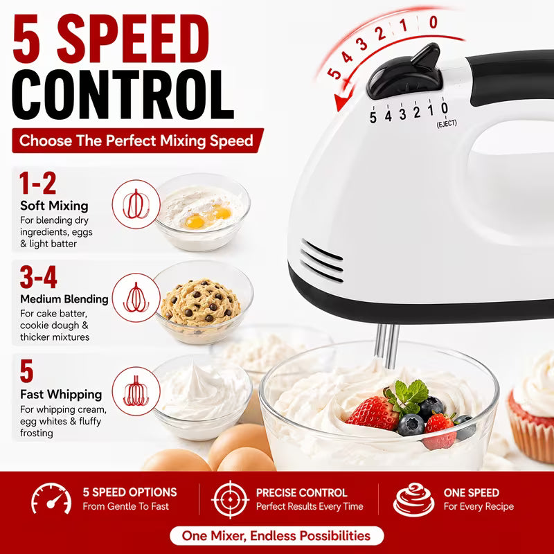 Handheld Electric Mixer 5-Speed, Whisk And Dough Hooks Included, Lightweight Kitchen Mixer for Whipping Cream, Beating Eggs, Mixing Batter, Kneading Dough