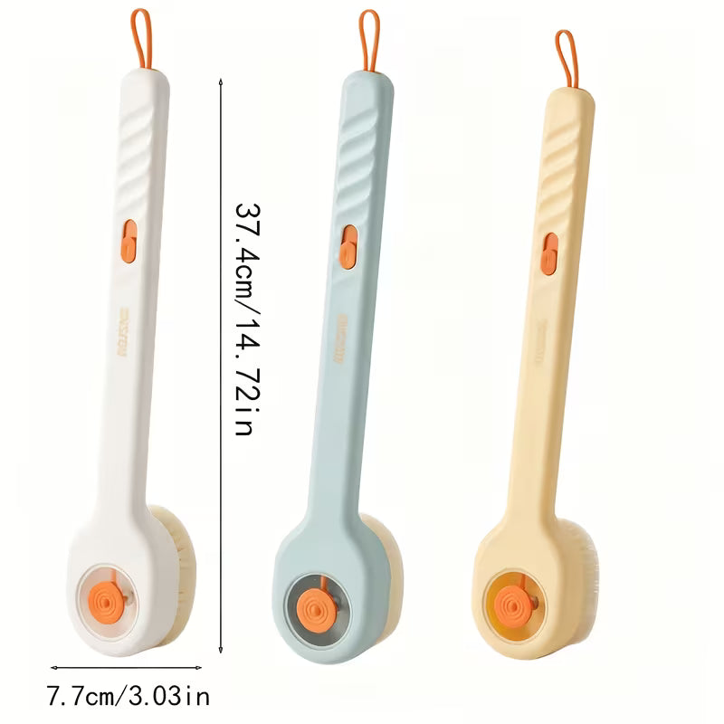 A Liquid-Filled Soft Bristle Bath Brush Set. Three Colors Are Available. It Comes with a Back Scrubbing Tool And Features a Long Handle Design, Suitable for Use During Bathing