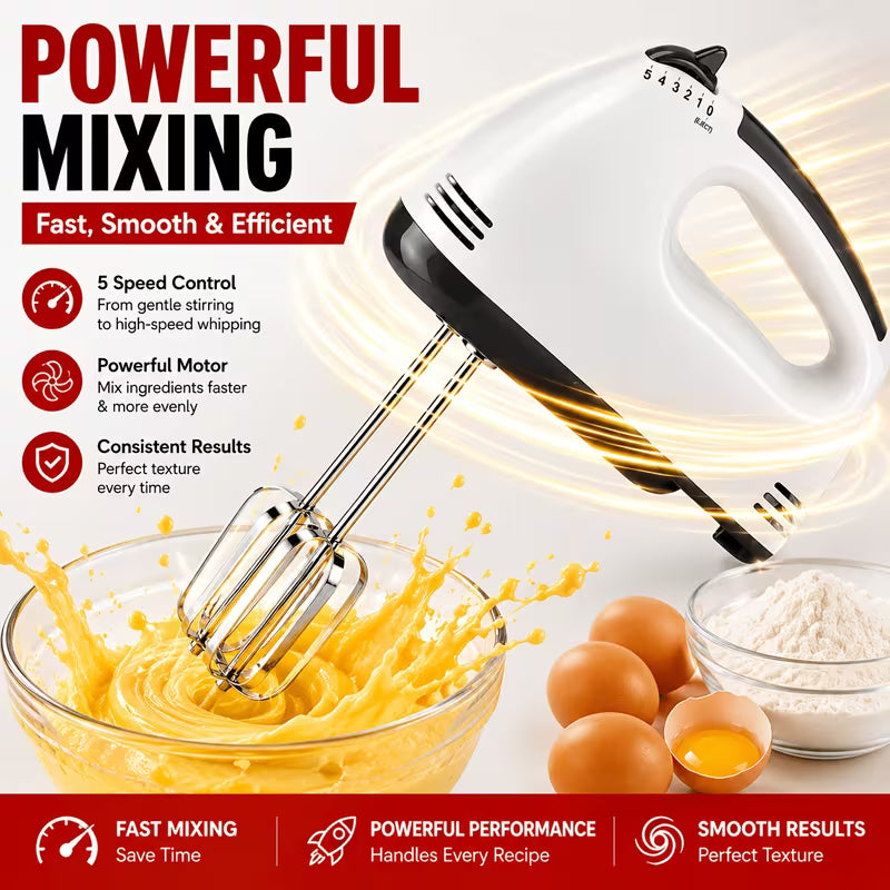 Handheld Electric Mixer 5-Speed, Whisk And Dough Hooks Included, Lightweight Kitchen Mixer for Whipping Cream, Beating Eggs, Mixing Batter, Kneading Dough