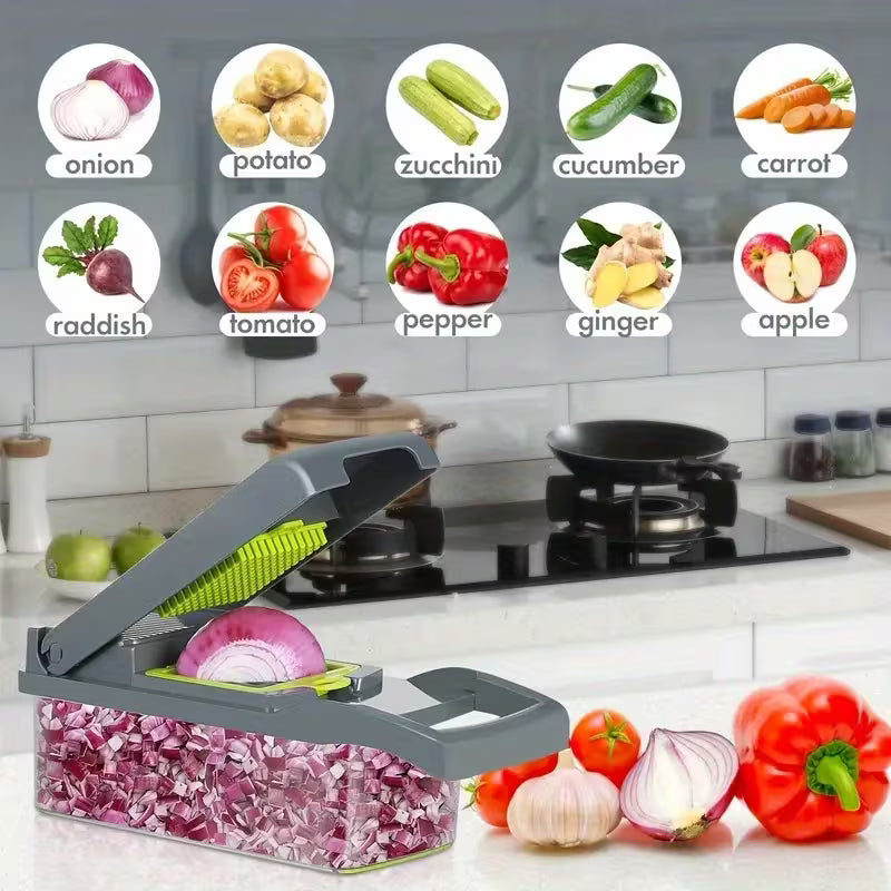16-In-1 Vegetable Chopper, Professional Onion Chopper, Multi-Functional Food Chopper, Kitchen Vegetable Slicer And Dicer, Vegetable Chopper with 8 Blades, Carrot Chopper with Container Father Gift