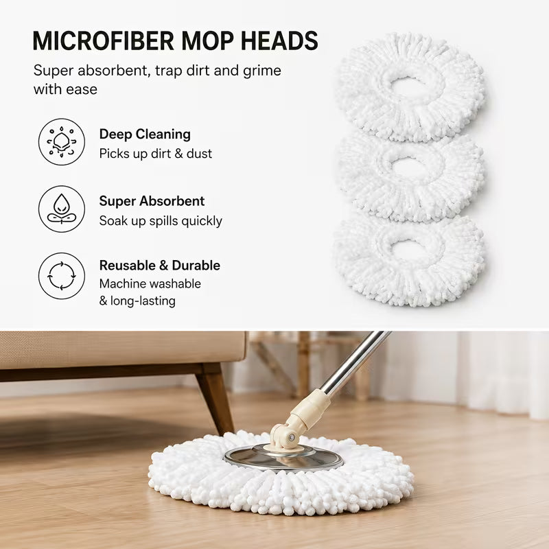 Spin Mop And Bucket Set with Wringer, 360 Degree Rotating Mop Bucket System, Includes 3 Microfiber Mop Refill Heads And a 61-Inch Adjustable Stainless Steel Handle, Wet Dry Floor Cleaning System for Home Kitchen Hardwood Tile Floors