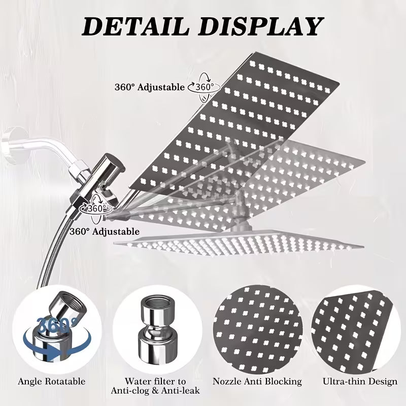Shower Head, High Pressure Rainfall/Handheld Shower Combo With Extension Arm, 9 Settings, Anti-Leak Shower Head With Holder, Height/Angle Adjustable, Chrome, Matte Black