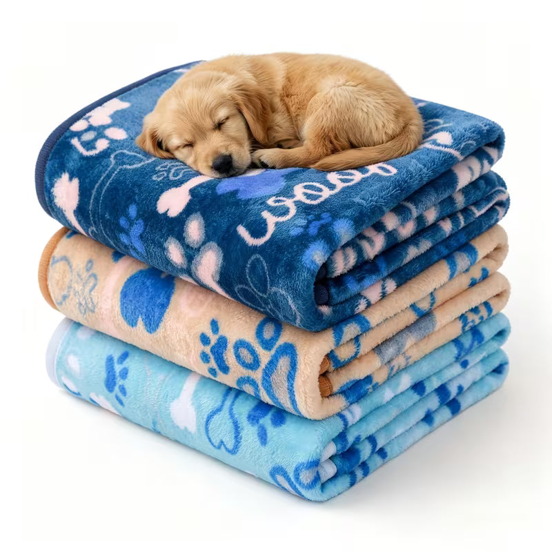 3-Pack Double-Sided Coral Pet Blankets, Soft Anti-Pilling Puppy Bed Covers with Cute Print, Durable Furniture Protector for Dog Cat Sofa Bed Crate, Multi-Sizes Blanket for Travel Camping Picnic, Ideal Pet Gift for Pet Owners