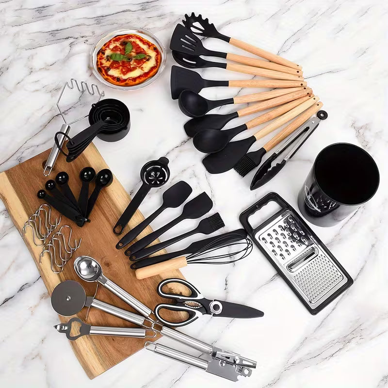 37/44pcs Complete Silicone Kitchen Cooking Utensil Set, Ultra Cost-Effective All-In-One Kitchen Gadgets, High Heat Resistant Non-Stick Cookware Tools, Dishwasher Safe, Ideal for Cooking Beginners And Kitchen Enthusiasts, Perfect Holiday Gift