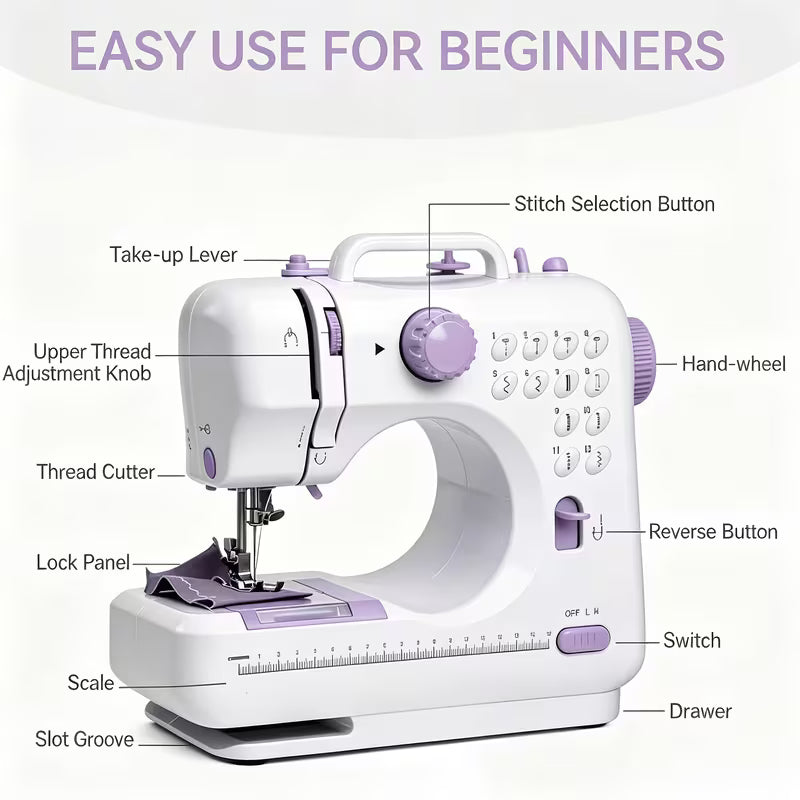 Portable Sewing Machine for Beginners 12 Stitches LED Light Double Speed Foot Pedal Mini Electric Sewing Machine with 12 Colors Thread Set Household DIY Handheld Sewing Too
