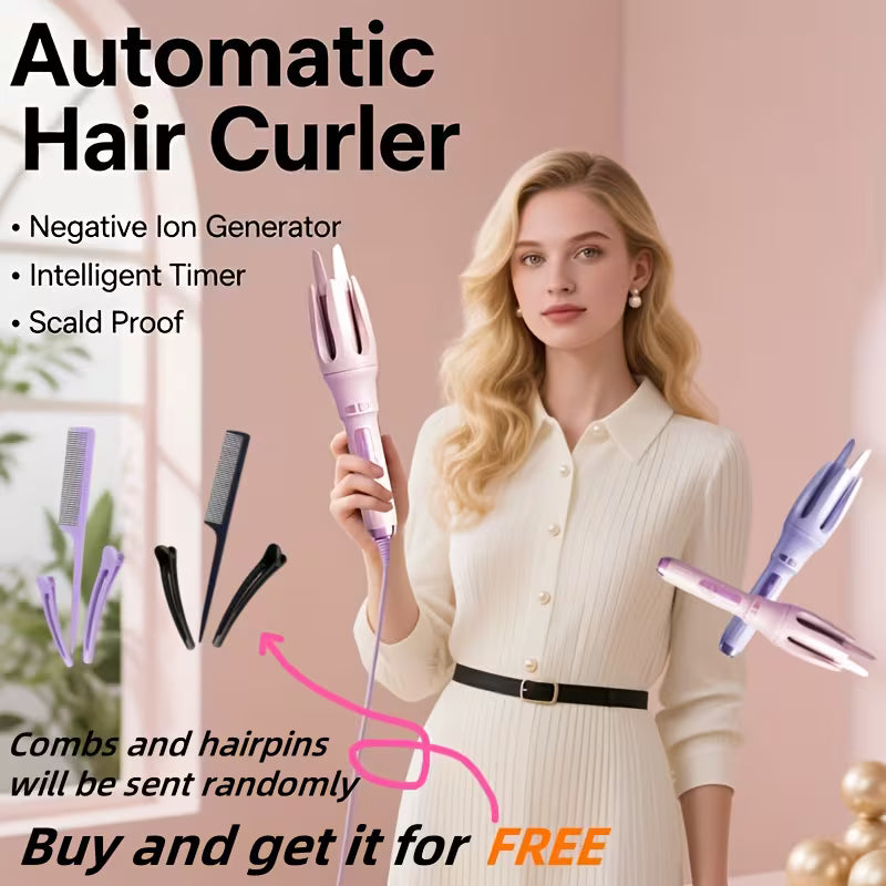 Automatic Curling Iron With 4 Temperature Settings, Birthday Gift For Women, Rotating Curling Iron Care Gift, Suitable For Mom, Purple And Pink, Christmas Gift, Comes With A Hair Clip Comb (color Random), Easy For Beginners, LEFINEE