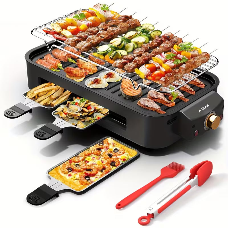 Kitchen Electric Barbecue Grill, Fully Detachable, With Frying Pan And Grille, Three Hand Trays, Non-stick And Easy To Clean, Made Of Stainless Steel, Adjustable Temperature, Power 1500W, Waffle Maker, Gift For Christmas, Housewarming, Birthdays
