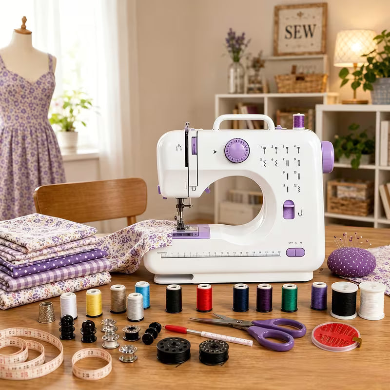 Portable Sewing Machine for Beginners 12 Stitches LED Light Double Speed Foot Pedal Mini Electric Sewing Machine with 12 Colors Thread Set Household DIY Handheld Sewing Too