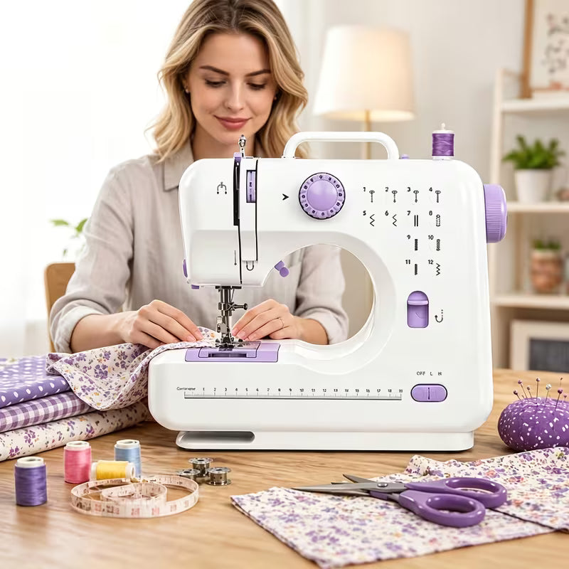 Portable Sewing Machine for Beginners 12 Stitches LED Light Double Speed Foot Pedal Mini Electric Sewing Machine with 12 Colors Thread Set Household DIY Handheld Sewing Too