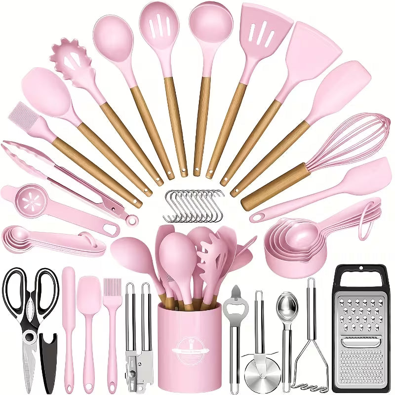 37/44pcs Complete Silicone Kitchen Cooking Utensil Set, Ultra Cost-Effective All-In-One Kitchen Gadgets, High Heat Resistant Non-Stick Cookware Tools, Dishwasher Safe, Ideal for Cooking Beginners And Kitchen Enthusiasts, Perfect Holiday Gift