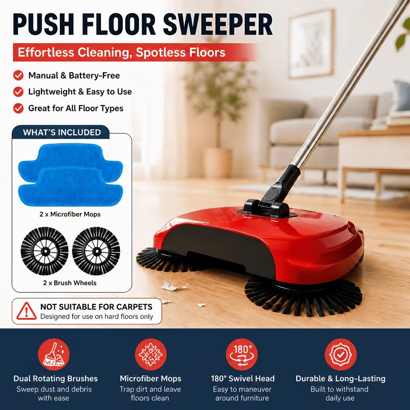 3-in-1 Hand Push Broom, Multifunctional Cleaning Tool Sweep Mop, Long Handle Push Broom with Auto Spiral Deep Clean System, Easy Cleaning Close Fit to The Floor, Ideal for Hardwood, Ceramic, Tiles, Kitchen, Home, Office, Cleaning Supplies