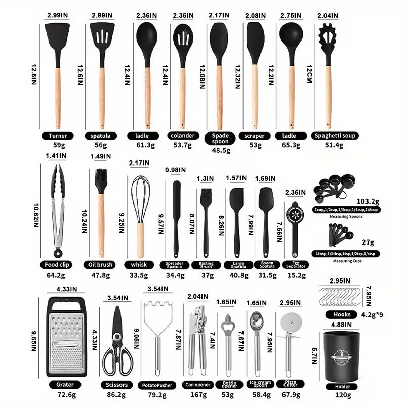 37/44pcs Complete Silicone Kitchen Cooking Utensil Set, Ultra Cost-Effective All-In-One Kitchen Gadgets, High Heat Resistant Non-Stick Cookware Tools, Dishwasher Safe, Ideal for Cooking Beginners And Kitchen Enthusiasts, Perfect Holiday Gift
