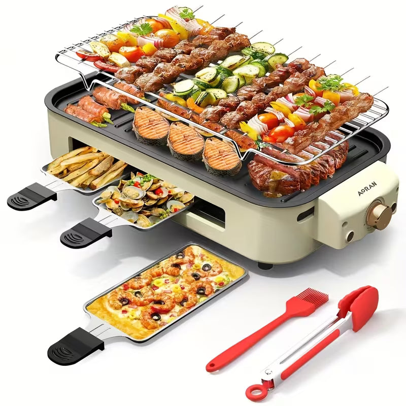 Kitchen Electric Barbecue Grill, Fully Detachable, With Frying Pan And Grille, Three Hand Trays, Non-stick And Easy To Clean, Made Of Stainless Steel, Adjustable Temperature, Power 1500W, Waffle Maker, Gift For Christmas, Housewarming, Birthdays