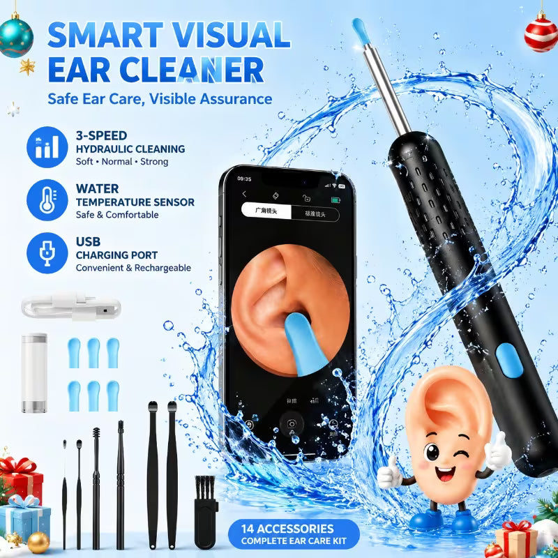 Ear Cleaner for Removing Earwax, Integrated Dry Dirt Storage, Replaceable Nozzle, Comes with 14 Replacement Heads, USB Charging, LED Code Screen, Visual Sewage Recovery Window, for Removing Earwax