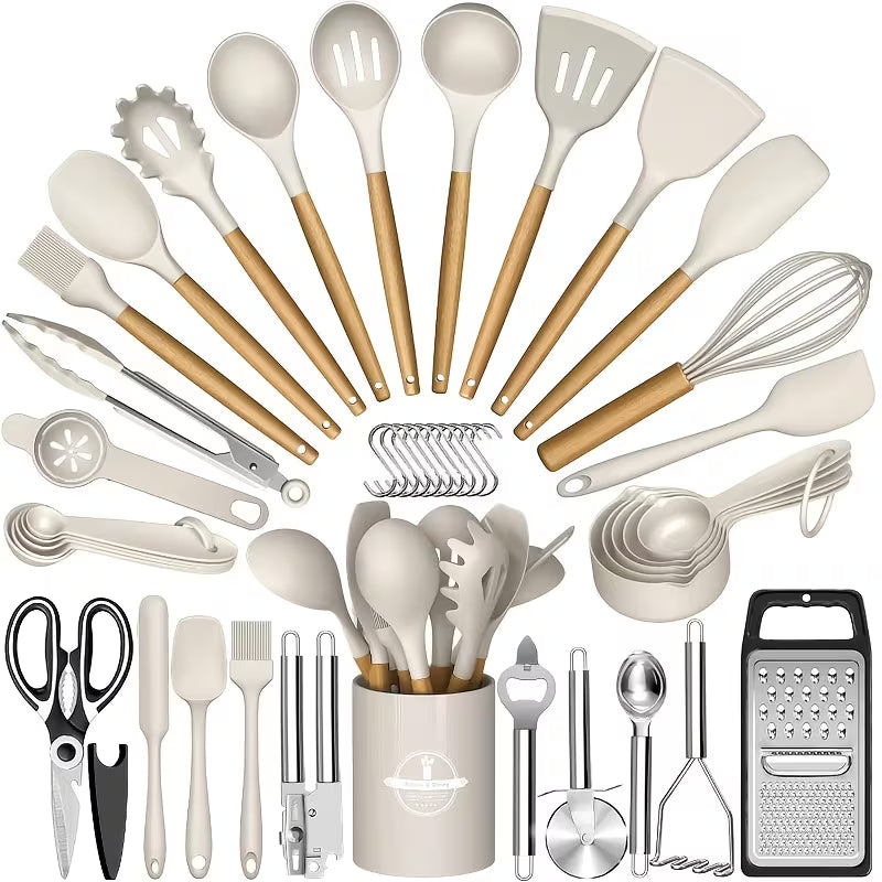 37/44pcs Complete Silicone Kitchen Cooking Utensil Set, Ultra Cost-Effective All-In-One Kitchen Gadgets, High Heat Resistant Non-Stick Cookware Tools, Dishwasher Safe, Ideal for Cooking Beginners And Kitchen Enthusiasts, Perfect Holiday Gift