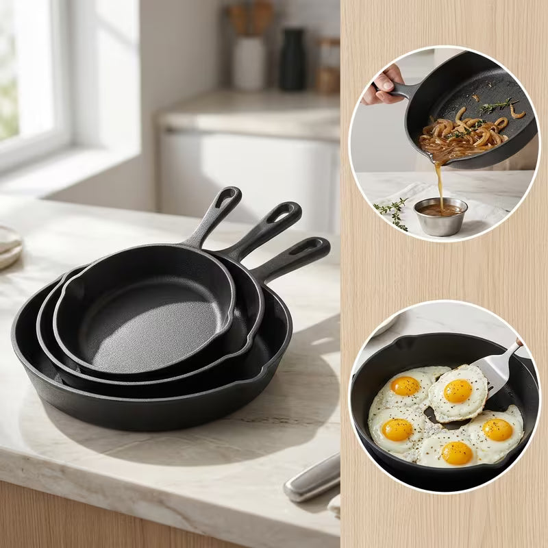 Premium 3pcs Cast Iron Skillet Set - Non-Stick Skillet with Drip Spout, Perfect for Holiday Cooking, RV Use, And Campfire Meals