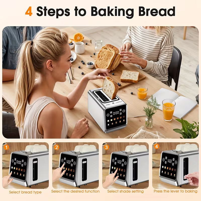 Touch Screen Toaster 2 Slice, Stainless Steel Smart Digital Toasters With Memory Function, 5 Bread Types & 6 Shade Settings, 1.5" Toasters 2 Slice Wide Slot, 900W