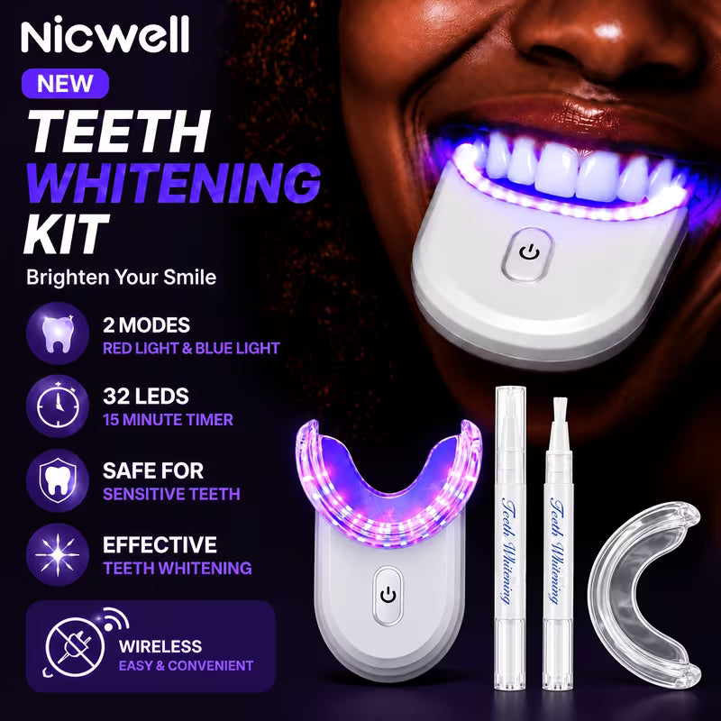 Nicwell Teeth Kit, LED Light Device with 2 Gel Pens & 2 Trays, Helps Remove Yellow Stains and Brighten Your Smile, Wireless Teeth Whitener for Sensitive Teeth, Teeth Products for Home, Travel & Holiday Gift